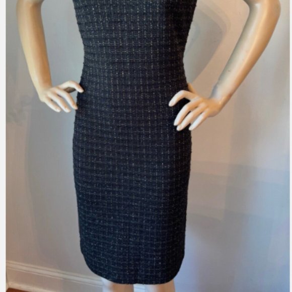 ST JOHN METALLIC EYELASH KNIT TWEED BLACK GOLD SHIMMER DRESS sz 10 - Picture 6 of 9